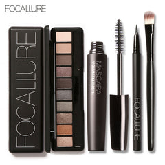 FOCALLURE 4Pcs Pro Makeup Set 10 Colors Warm Nude Colors Eyeshadow Black Mascara Eyeliner with 1Pcs Shadow Brush Kit