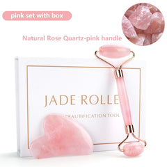 Natural Rose Quartz Jade Roller Gua Sha Set Facial Body Massager Roller Jade Stone Massage Set Face Lifting Beauty Massage Tool