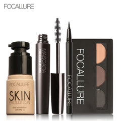 FOCALLURE 4 Pcs Makeup Set Eyebrow Powder Eyebrow Pencil Mascara Eyeliner Face Foundation Primer Set