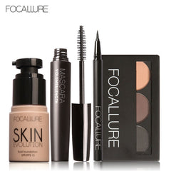 FOCALLURE 4 Pcs Makeup Set Eyebrow Powder Eyebrow Pencil Mascara Eyeliner Face Foundation Primer Set
