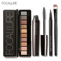 FOCALLURE 4Pcs Pro Makeup Set 10 Colors Warm Nude Colors Eyeshadow Black Mascara Eyeliner with 1Pcs Shadow Brush Kit
