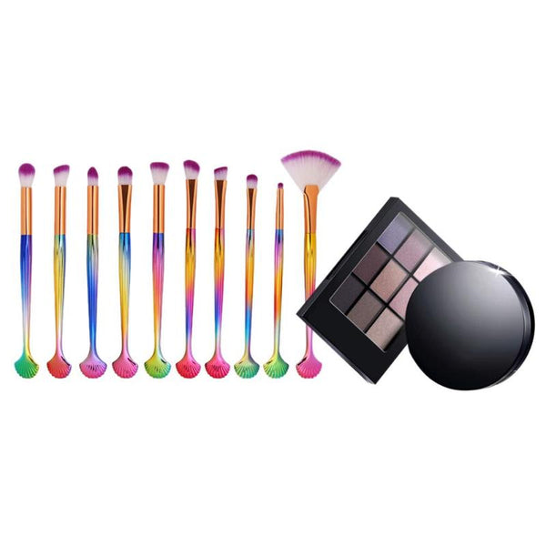 Pro Makeup Set 10pcs Shells Makeup Brushes 9 Colors Eyeshadow Make Up Finshing Powder Long Lasting Contouring Cosmetic Tool Kit