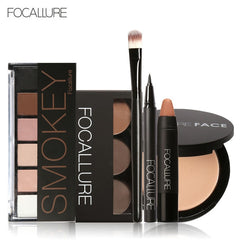 FOCALLURE 6Pcs Pro Face Makeup Set Eyebrow Powder Palette Eyeliner Eyeshadow Palette Sexy Matte Lip Sticker with 1Pcs Brush